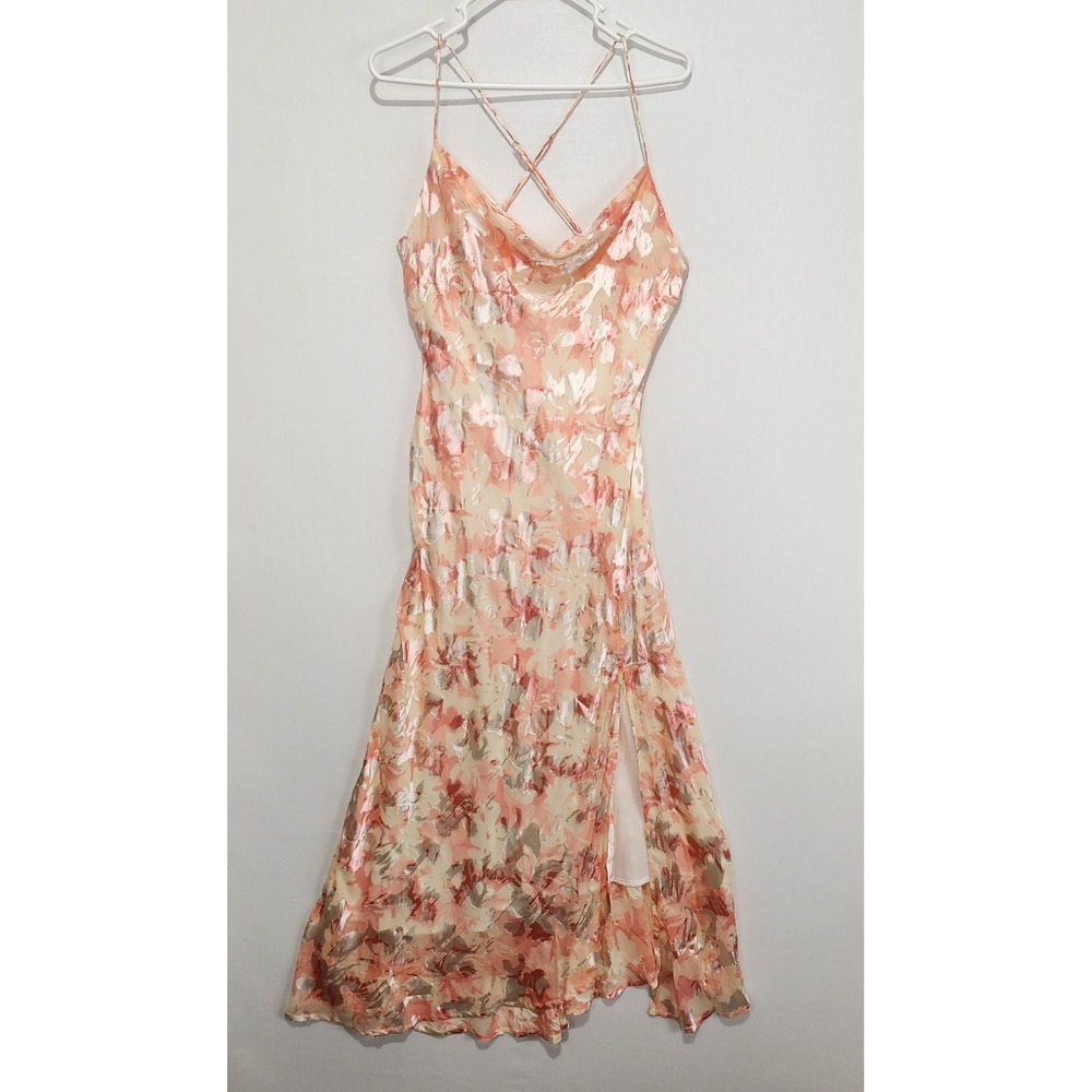 ASTR The Label Women's Size L Floral Midi‎ Dress Cowl Neck Slip Side Slit Pink